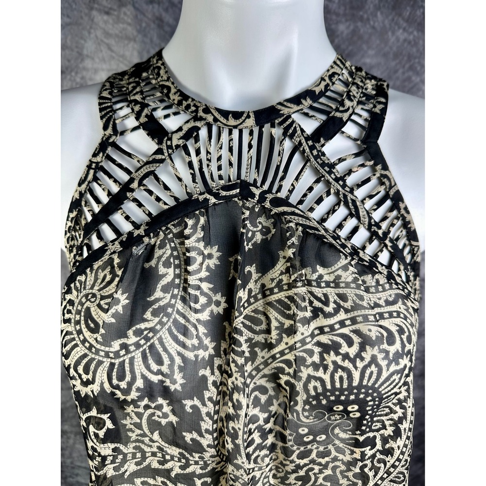 Leifnotes Anthropologie Halter Top Womens 6 Black Paisley Silk Cutout Neckline